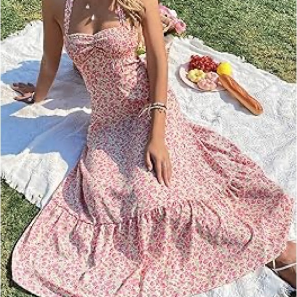 SHEIN Dresses & Skirts - Women's Floral Print Ruched Bust Sleeveless Halter Neck A Line Dress
